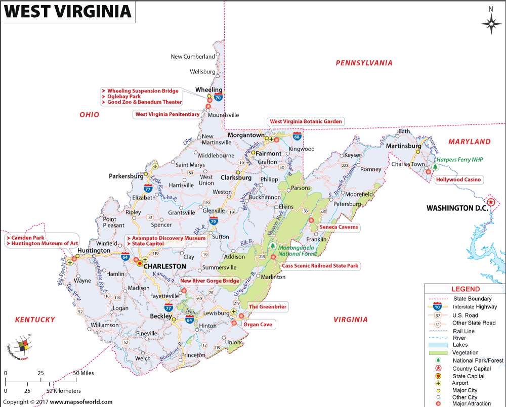 Bản đồ tiểu bang Tây Virginia của Hoa Kỳ năm 2022