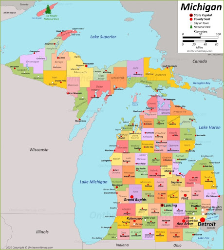 Bản đồ tiểu bang Michigan của Hoa Kỳ năm 2022