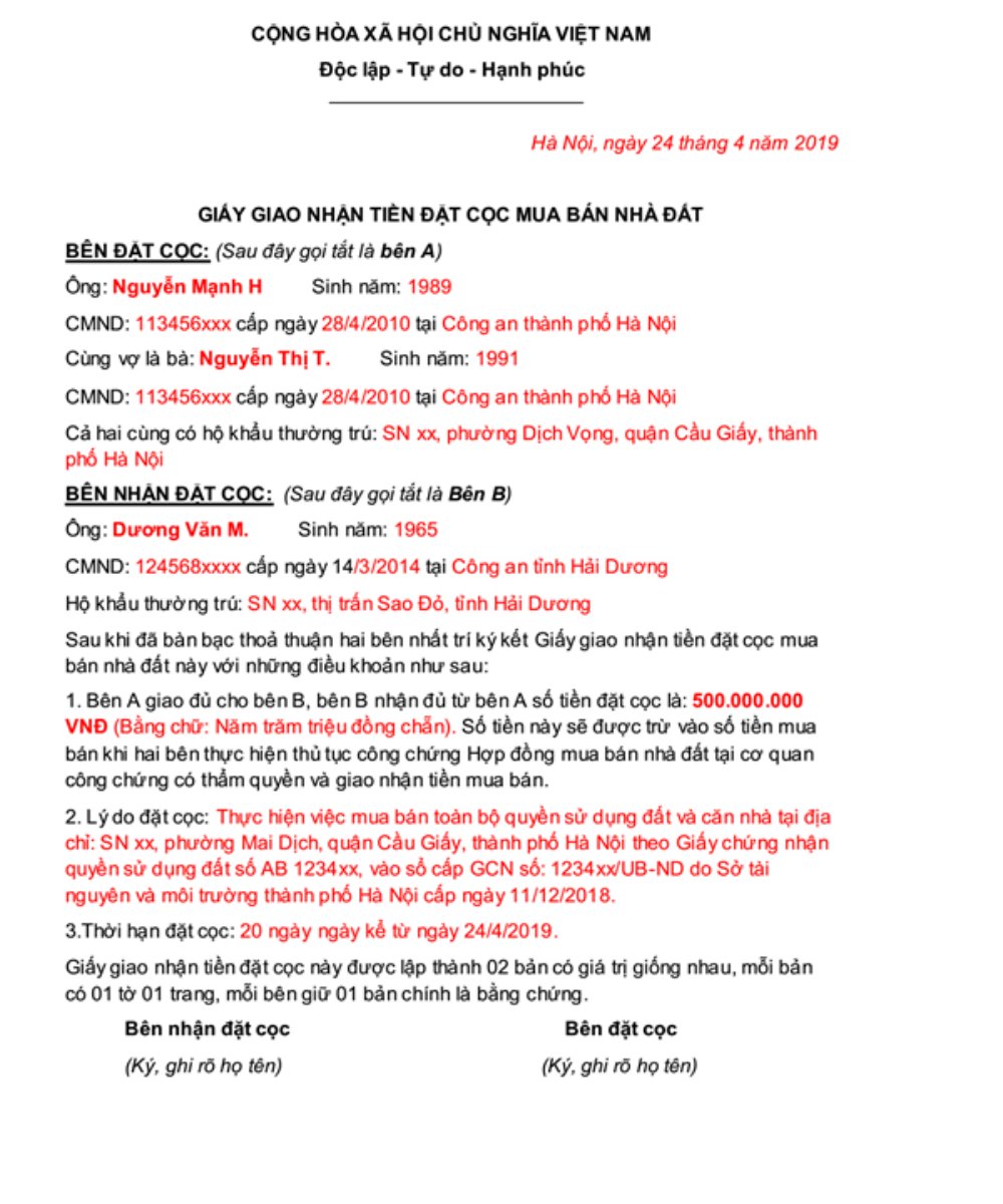 Mẫu hợp đồng đặt cọc nhà đất mới nhất 2019