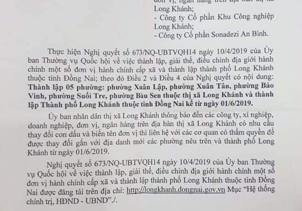 Quyết định Long Khánh lên thành phố từ ngày 1/06/2019