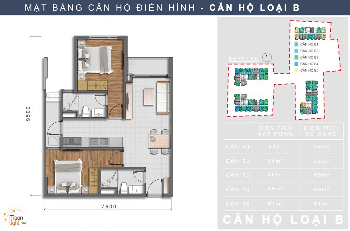 Thiết kế mặt bằng căn hộ điển hình tại dự án căn hộ Moonlight Complex