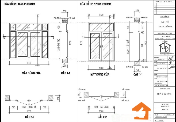 Bản vẽ mẫu cửa sổ S1, S2 theo phong thủy
