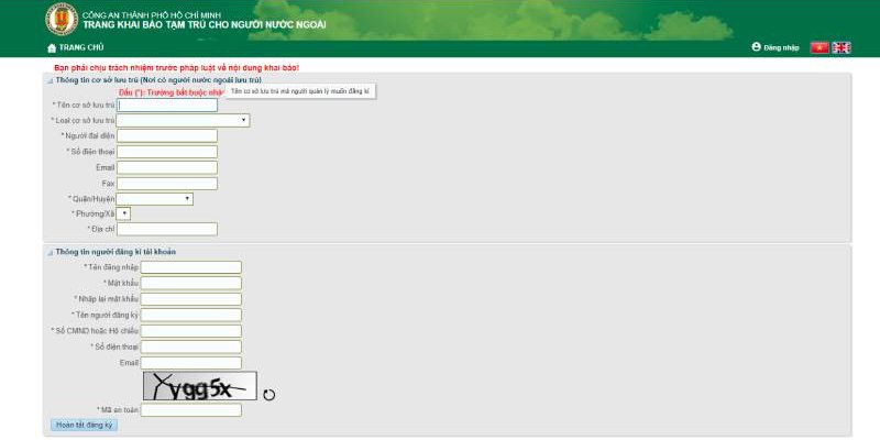Bước 2: Nếu cơ sở chưa có thông tin đăng ký thì tiến hành khai báo các thông tin bên dưới để đăng ký.