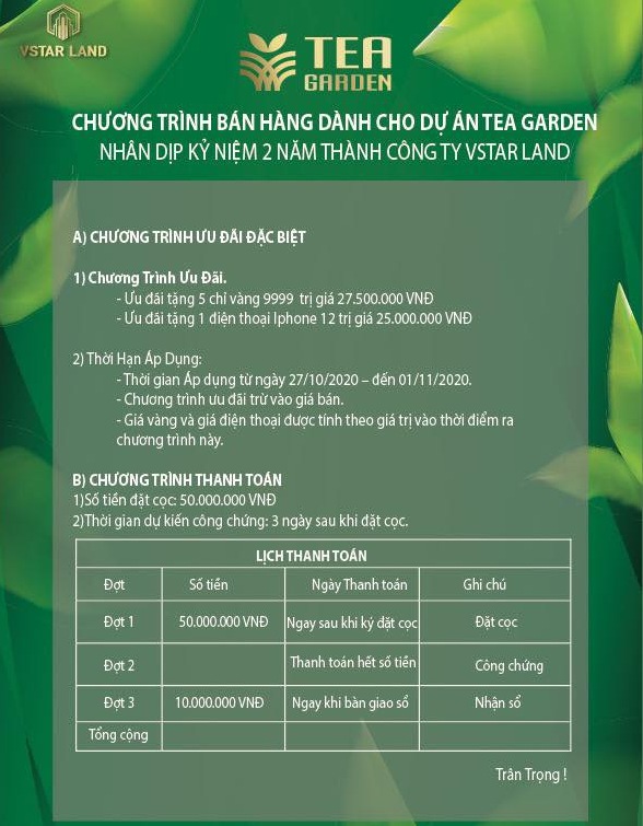 Chính sách dự án biệt thự vườn trà The Tea Gardens