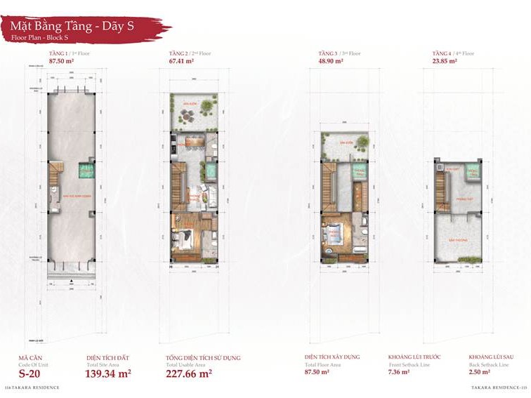 Thiết kế mặt bằng tầng - Dãy S của dự án nhà phố Takara Residence 