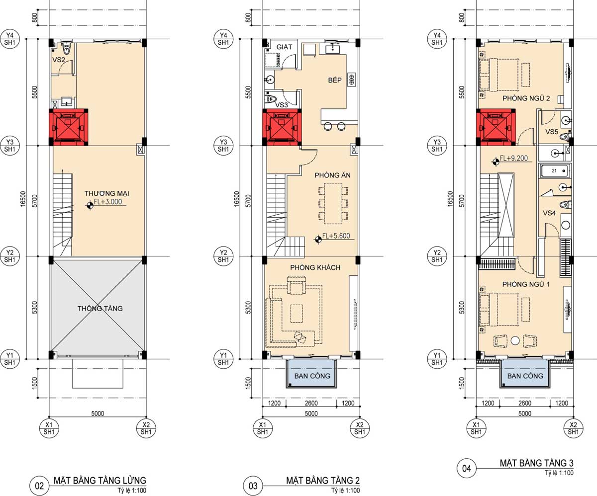 Mặt bằng bản vẻ thiết kế  tầng 2, tầng 3 và tầng lửng tại Shophouse dự án