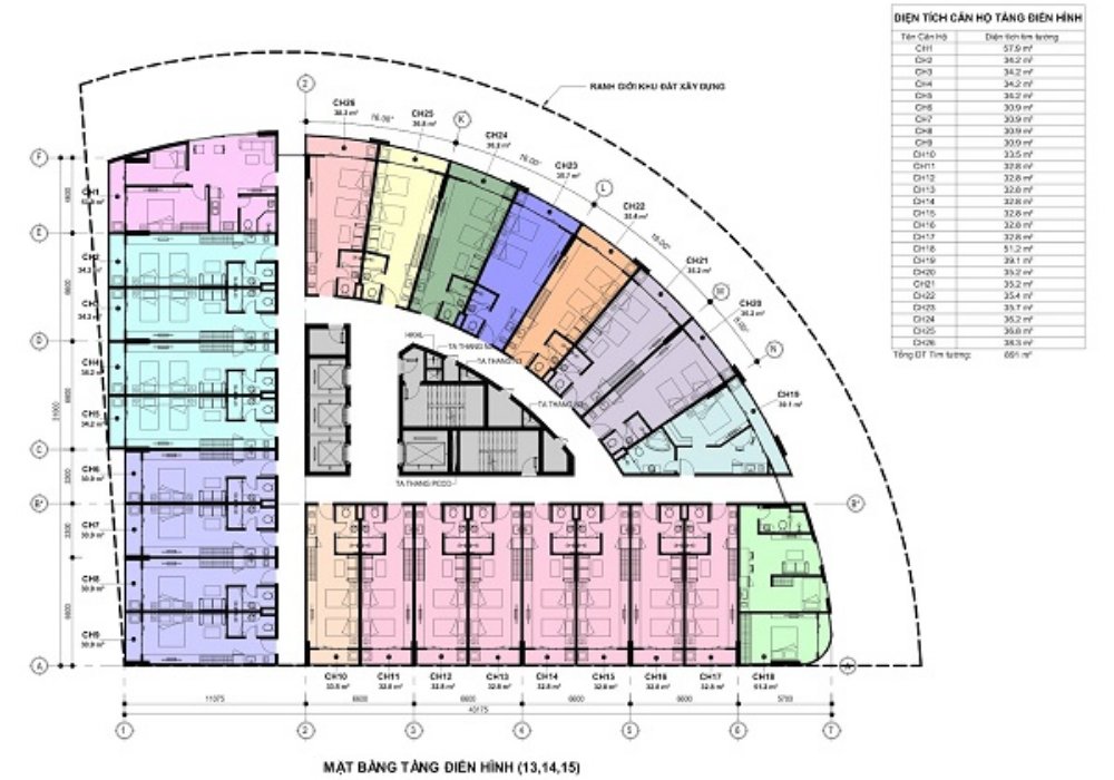 Mặt bằng tổng thể tầng 13 đến 15 căn hộ Apec Mandala Wyndham Hải Dương