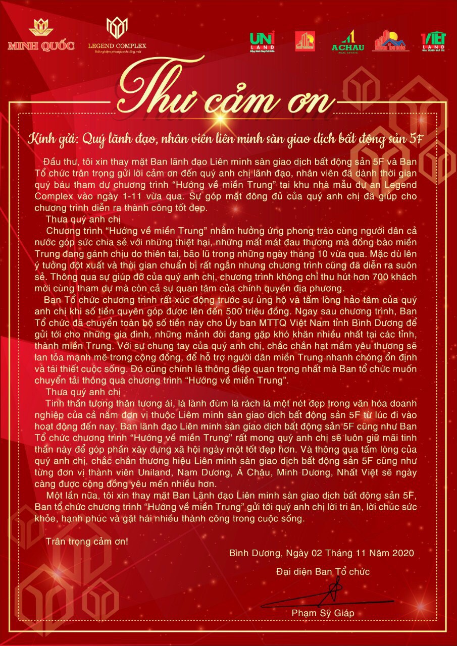 Thư cảm ơn hướng đến Miền Trung của liên minh sàn giao dịch Bất Động Sản 5F