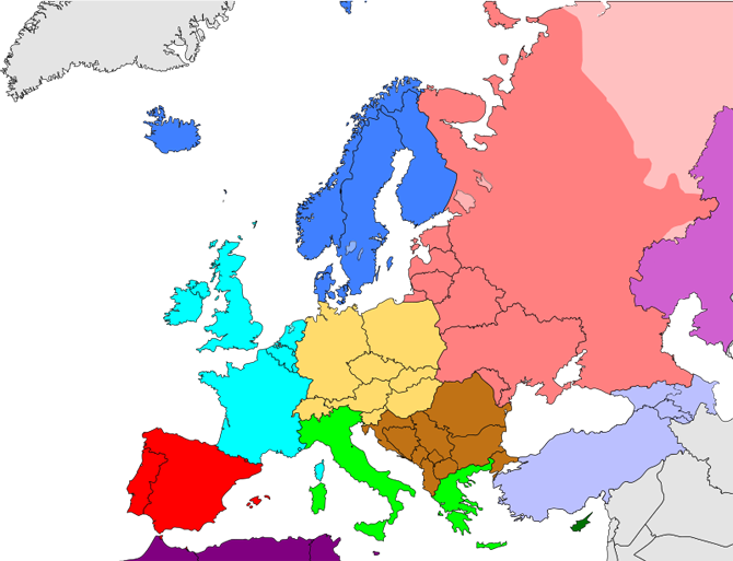 Hiện nay, Châu Âu được chia thành 4 khu vực, đó là: Bắc Âu, Nam Âu, Tây Âu và Đông Âu.