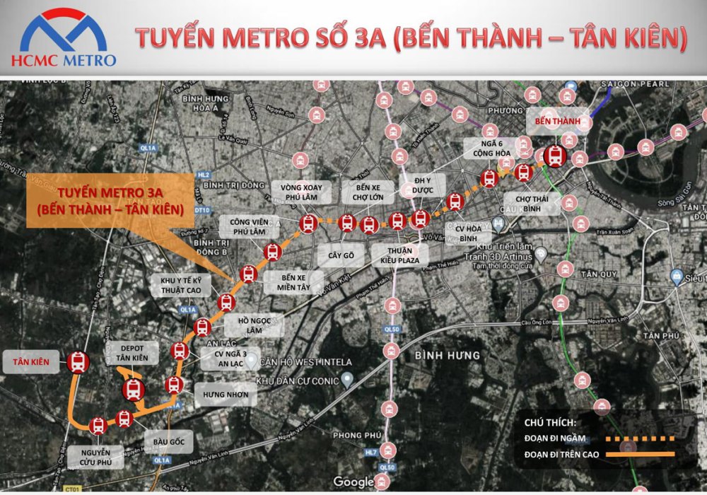 Sơ đồ tuyến metro 3A: Bến Thành - Tân Kiên