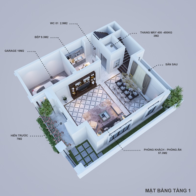 Mặt bằng biệt thự Hoàng Huy Riverside tầng 1