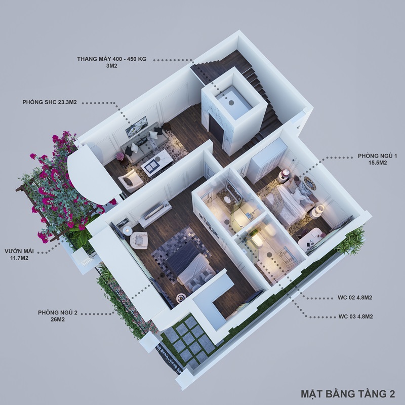 Mặt bằng biệt thự Hoàng Huy Riverside tầng 2