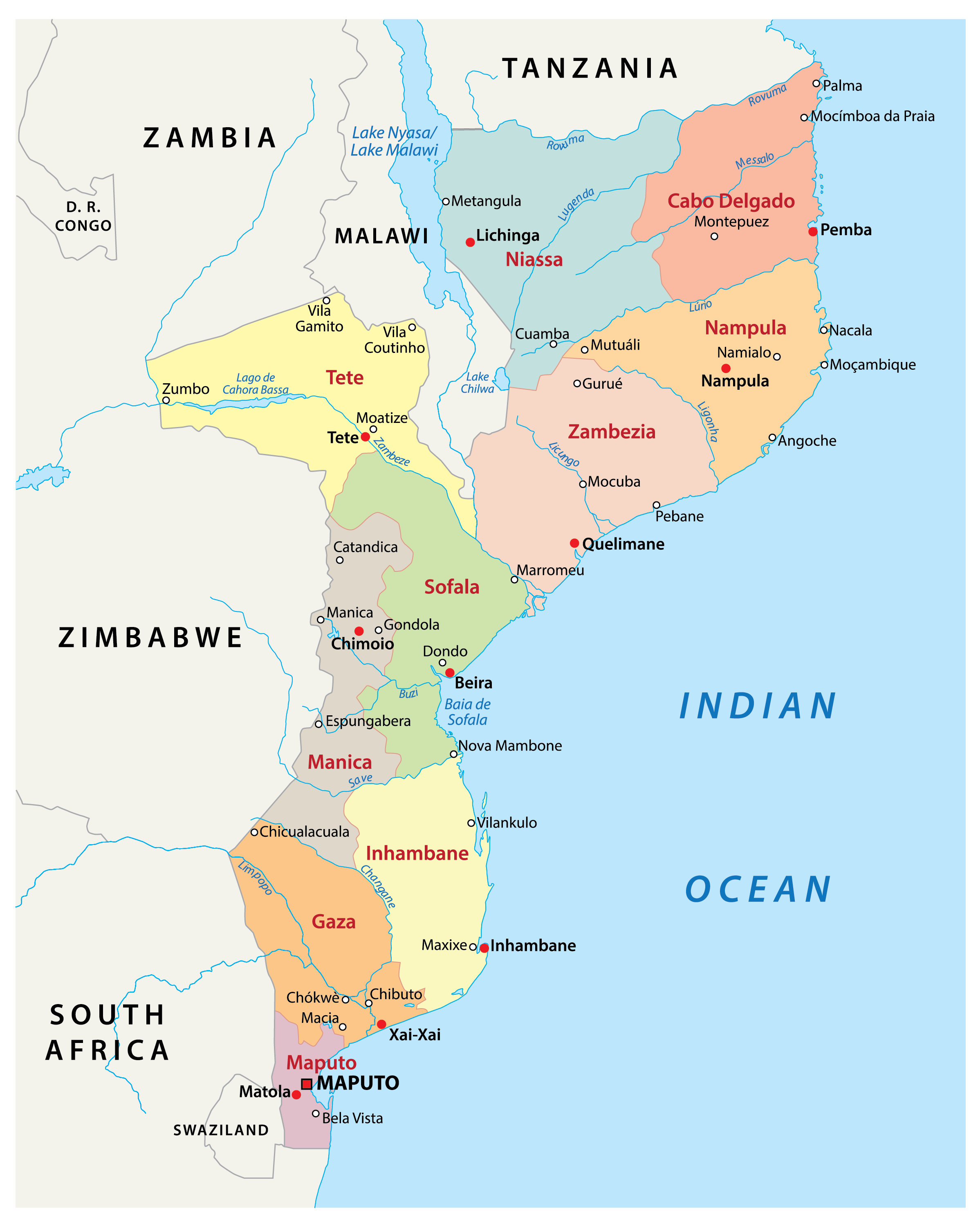 Cập nhật 2023: Bản đồ hành chính đất nước Mozambique (Mozambique Map) phóng to năm 2023, , Bản đồ