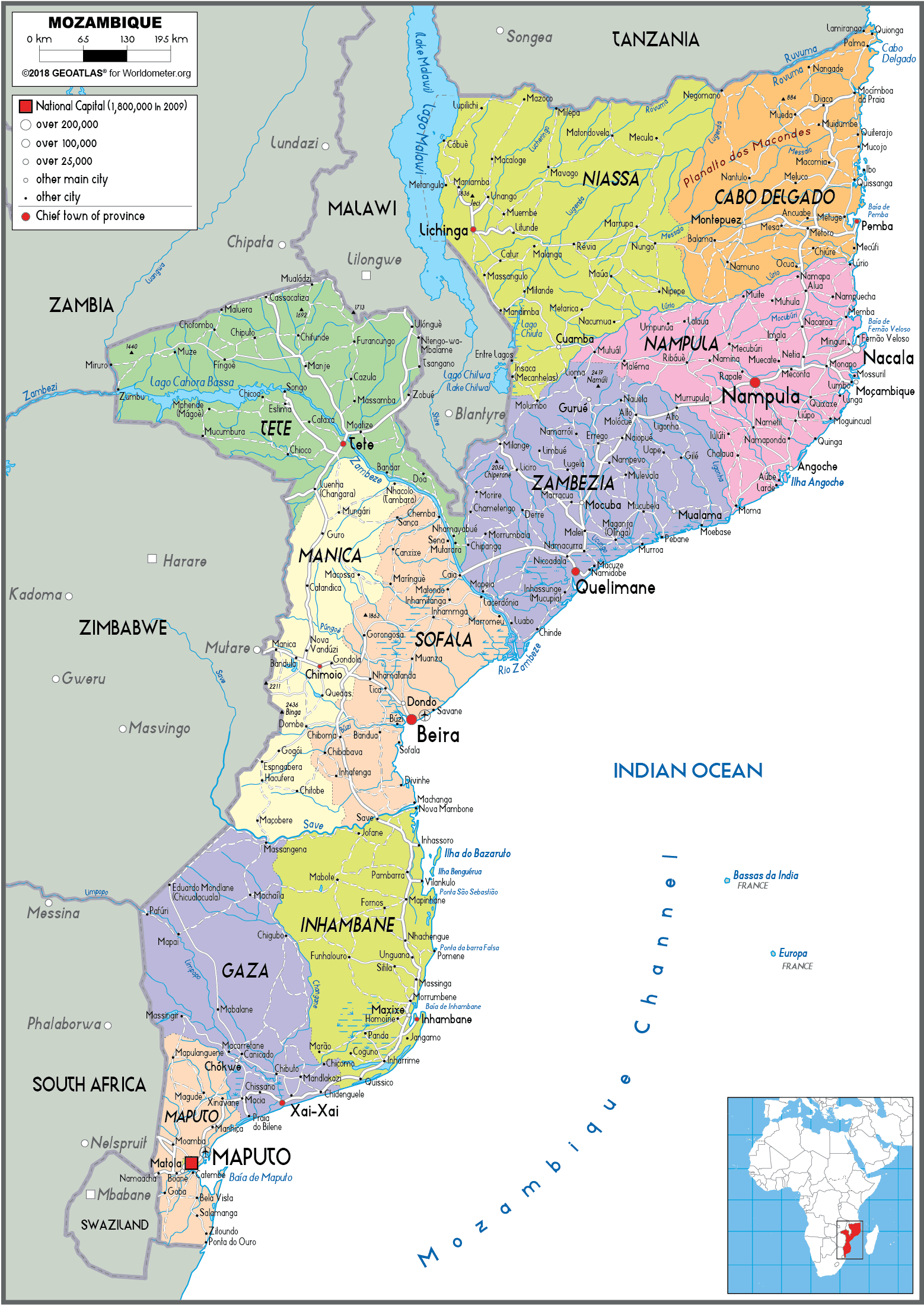 Cập nhật 2023: Bản đồ hành chính đất nước Mozambique (Mozambique Map) phóng to năm 2023, , Bản đồ