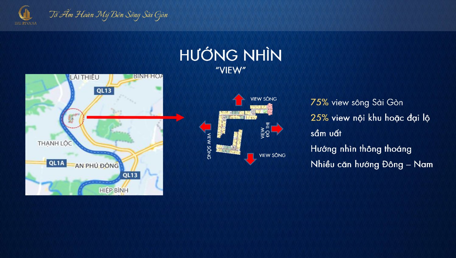 Hướng View: 75% là View sông sài Gòn, 25% View nội khu hoặc đại lộ sầm uất. Hướng nhìn thông thoáng, nhiều căn hướng Đông - Nam
