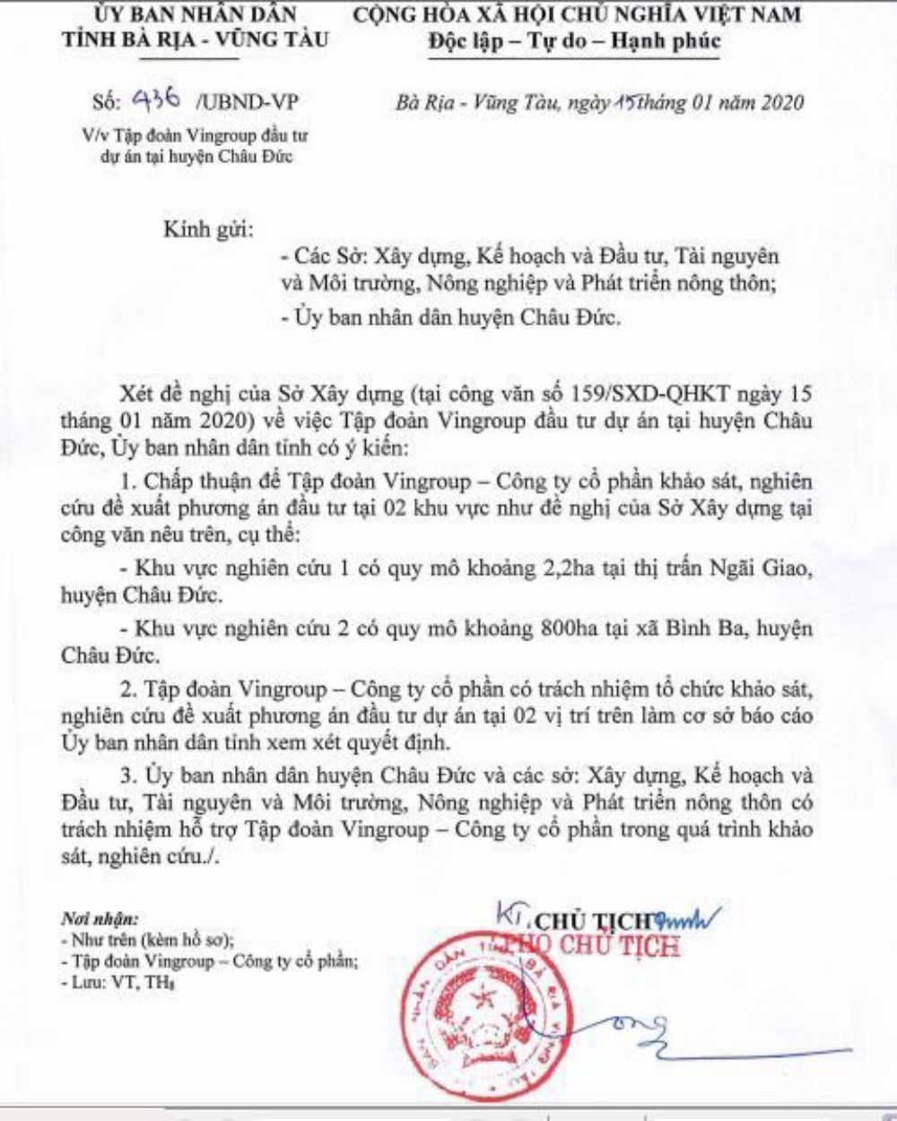 Công văn 436/UBND Bà Rịa Vũng Tàu