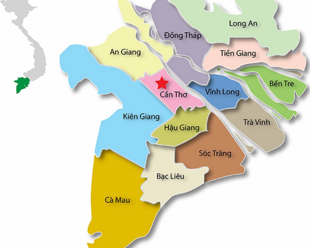 Bản đồ Miền tây thuộc đồng bằng sông Cửu Long thể hiện với 13 tỉnh