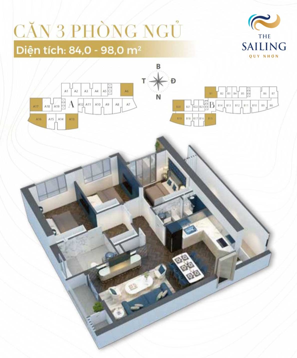 Thiết kế căn 3 phòng ngủ (84 -98 m2) tại Khu căn hộ The Sailing Quy Nhơn