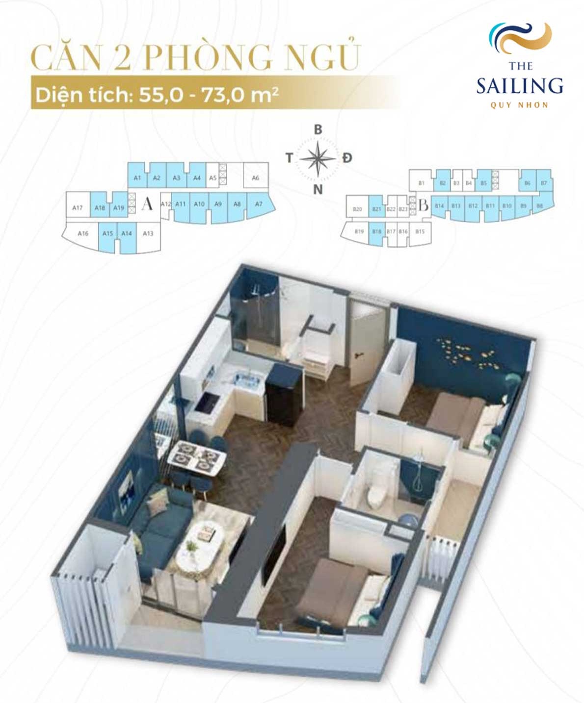 Thiết kế căn 2 phòng ngủ (55 - 3m2) tại Khu căn hộ The Sailing Quy Nhơn