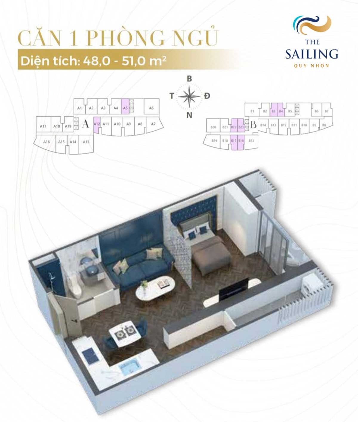Thiết kế căn 1 phòng ngủ (48 - 51m2) tại Khu căn hộ The Sailing Quy Nhơn