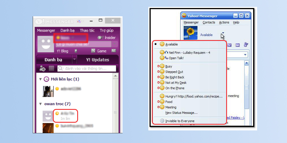 Ứng dụng Yahoo Messenger trước đây cũng xuất hiện tính năng cập nhật trạng thái hoạt động, cho bạn bè biết được bạn có đang bận hay không và có thể nhận, trả lời tin nhắn ngay lập tức hay không?