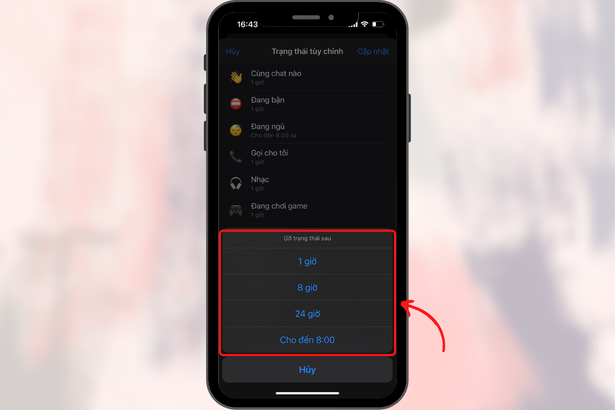 Nếu bạn muốn tùy chỉnh thời gian hiển thị trạng thái, bạn chỉ cần nhấn vào Chỉnh sửa sau đó chọn mốc thời gian có sẵn trên màn hình rồi ấn Cập nhật.