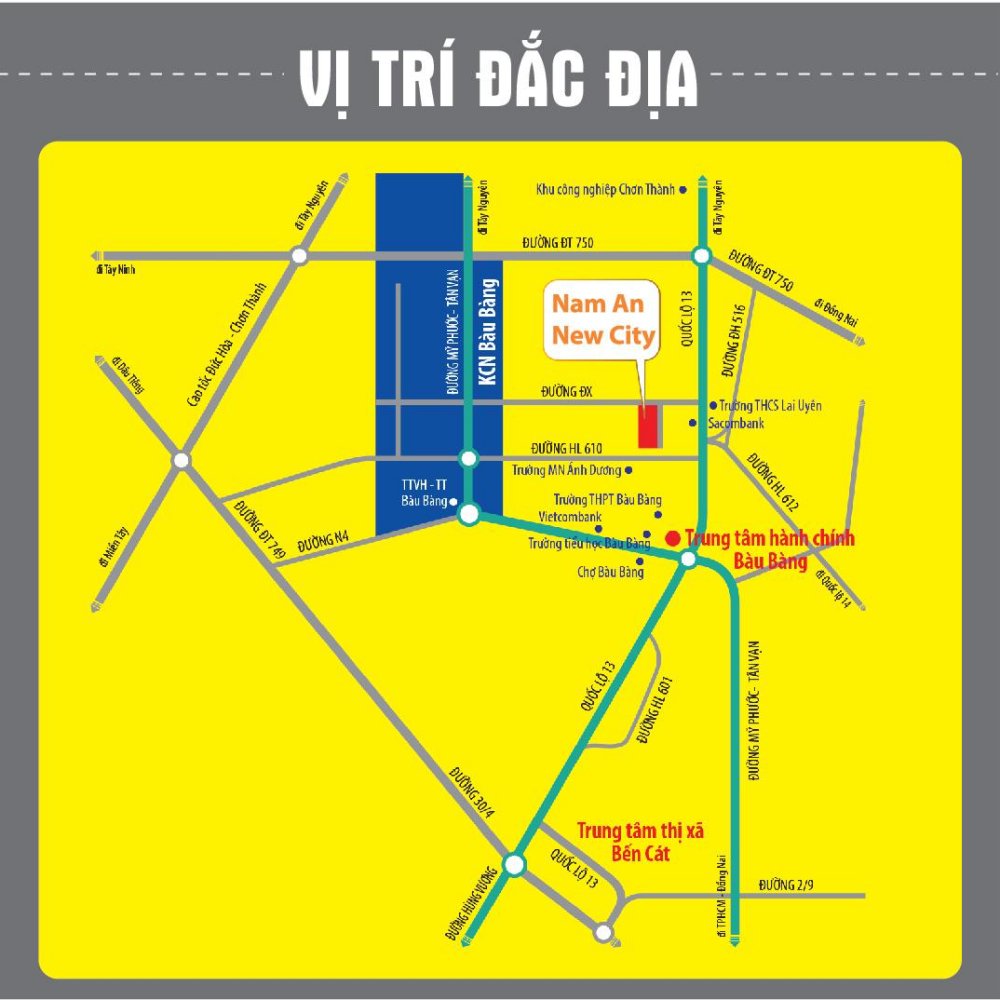 Vị trí dự án đất nền Nam An New City nằm liền kề khu công nghiệp Bàu Bàng