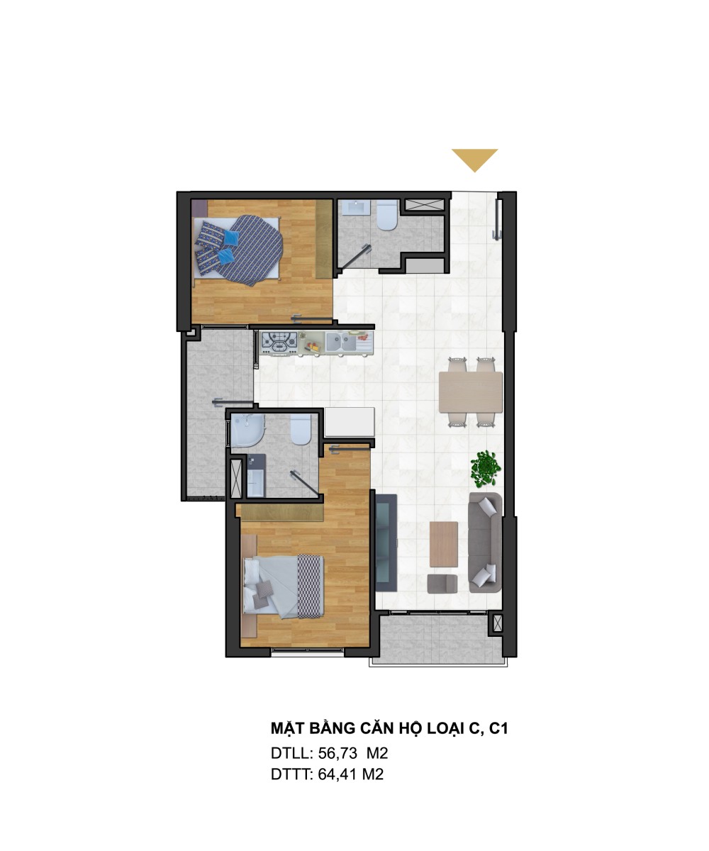 Mẫu thiết kế căn loại C, C1 với diện tích từ 62 - 64 - 68m2