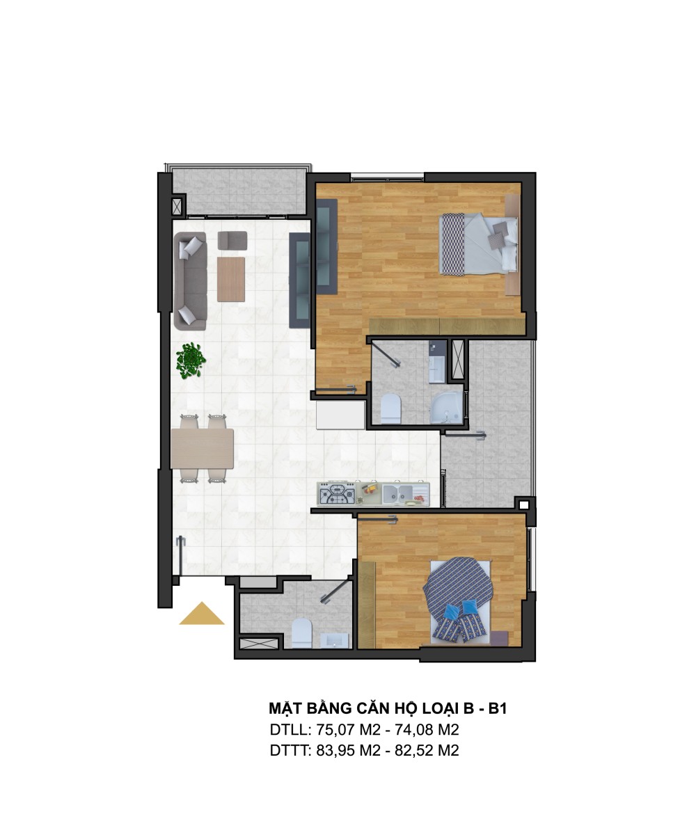 Mẫu thiết kế căn loại B, B1 với diện tích từ 80 - 82m2