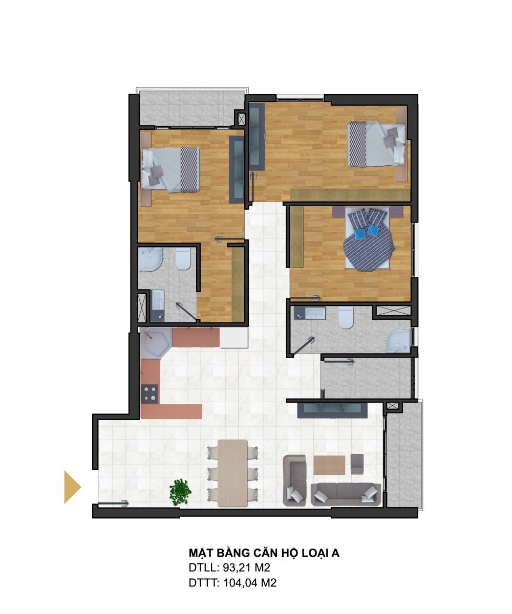 Mẫu thiết kế căn loại A với diện tích từ 93 - 104m2