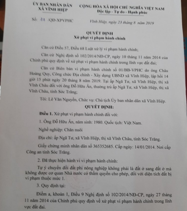 Một quyết định xử phạt hành chính đối với ông Ân