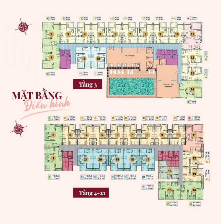 Phối cảnh tầng 3 và tầng 4 đến tầng 21 tại Legend Complex 