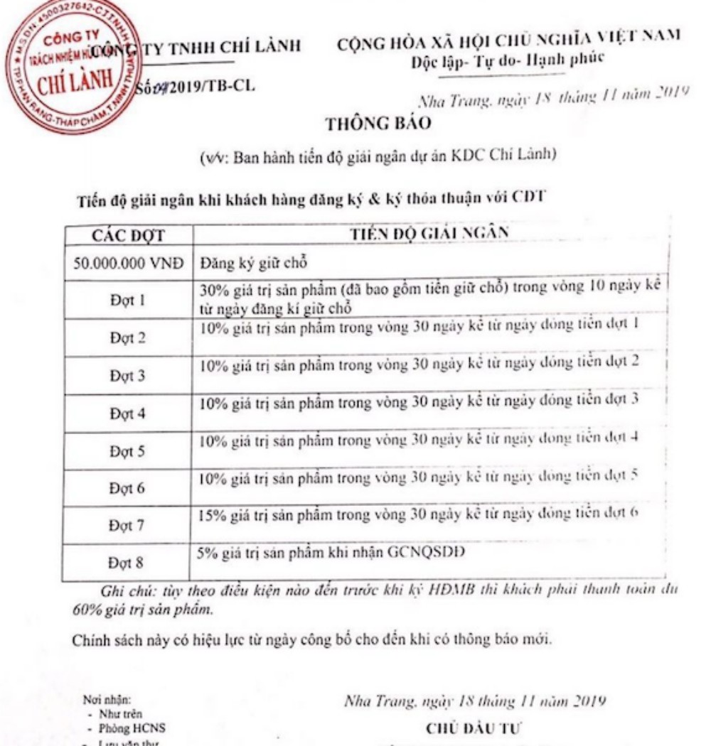 Phương thức thanh toán dự án Khu dân cư Chí Lành Phan Rang Ninh Thuận