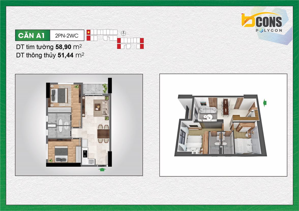 Thiết kế Căn hộ A1 tại khu căn hộ Bcons Polycon Bình Dương