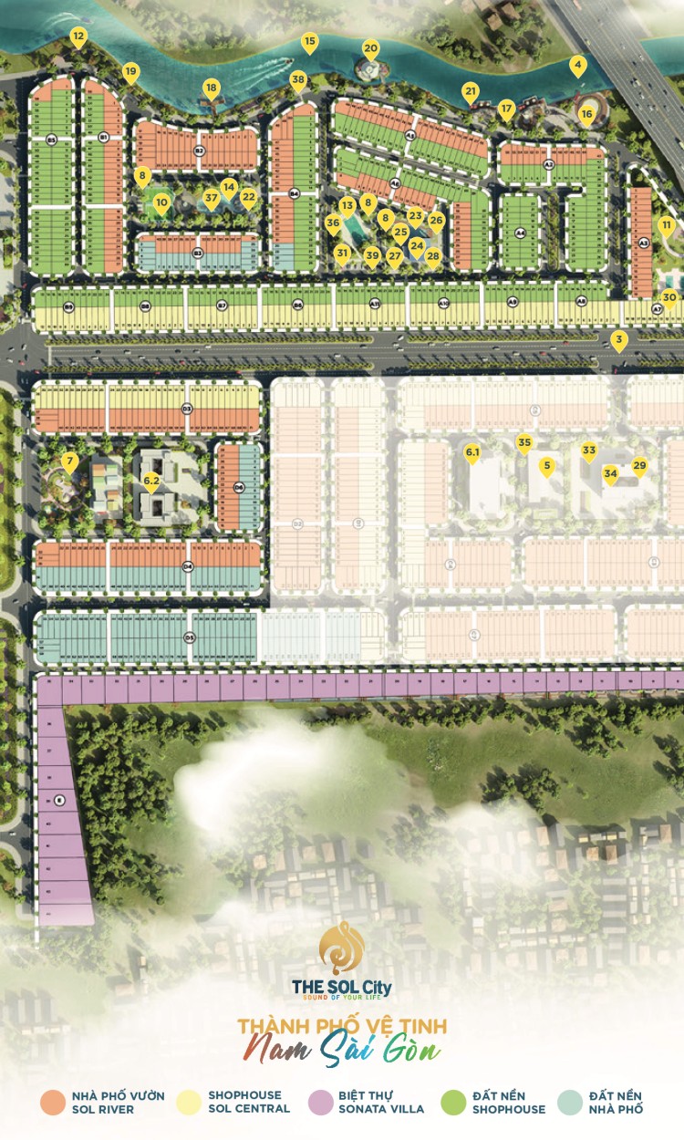 Giai đoạn 1 dự án là Phân khu trung tâm The Sol Center liền kế Phú Mỹ Hưng hoa lệ có 975 sản phẩm gồm 633 nền nhà phố & shophouse, 199 nhà phố vườn và Sông Sol River, 99 nhà phố thương mại Shophouse Sol Center, 44 biệt thự Sonata Villa.