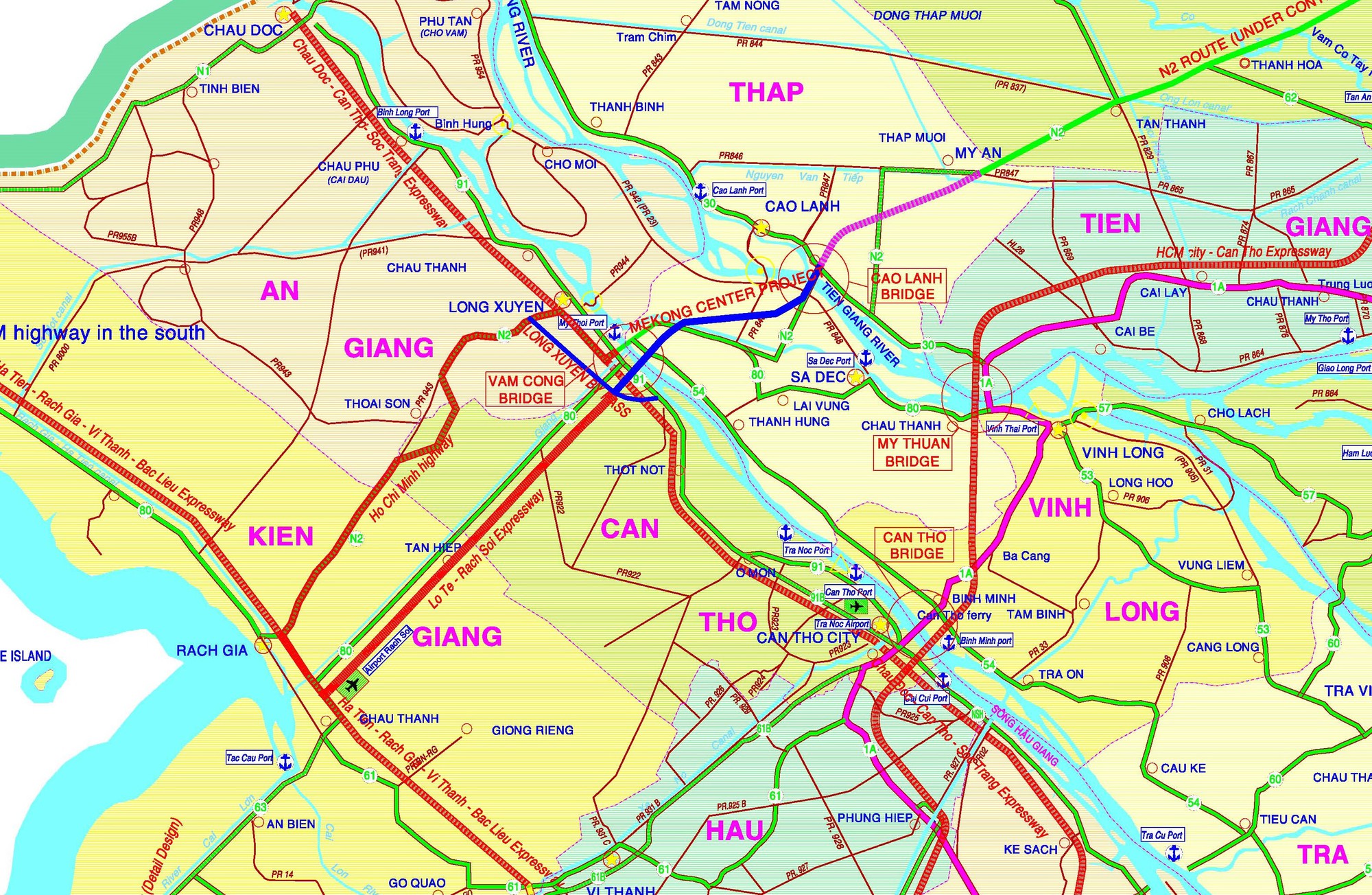 Tuyến cao tốc này bắt đầu từ cầu Cao Lãnh - cầu Vàm Cống (màu xanh dương) dài 32 km sẽ là đường cao tốc tốc Bắc- Nam phía Tây