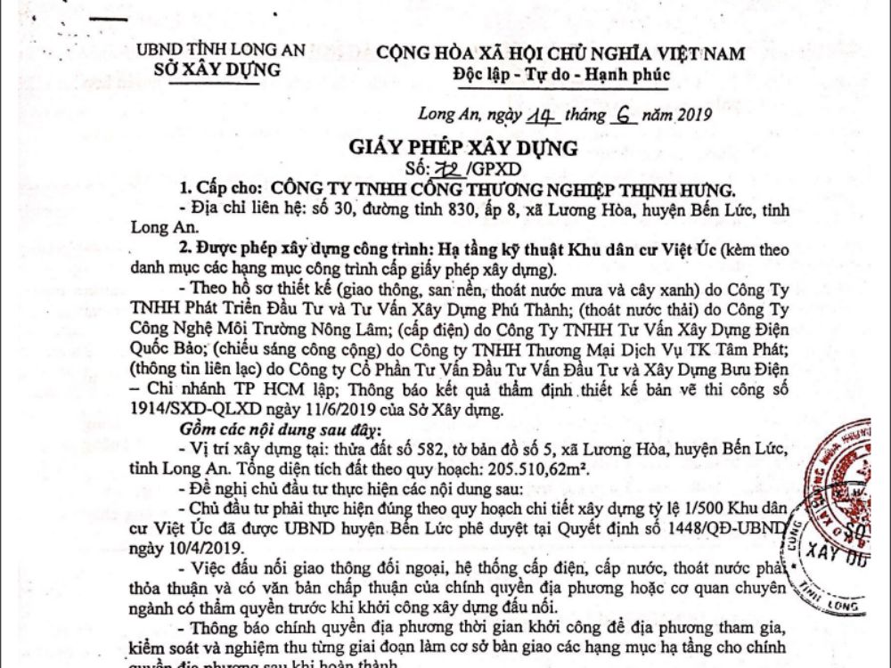 Giấy phép xây dựng dự án VietUc Varea được UBND tỉnh Long An phê duyệt