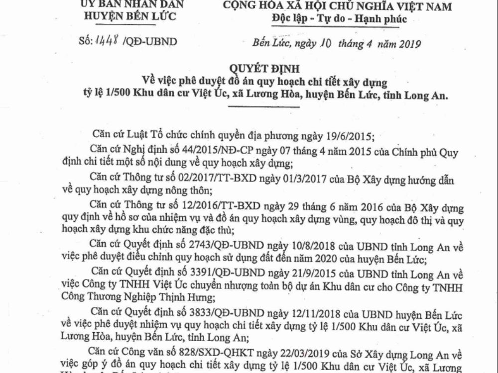 Quyết định phê duyệt đồ án chi tiết 1/500 dự án VietUc Varea