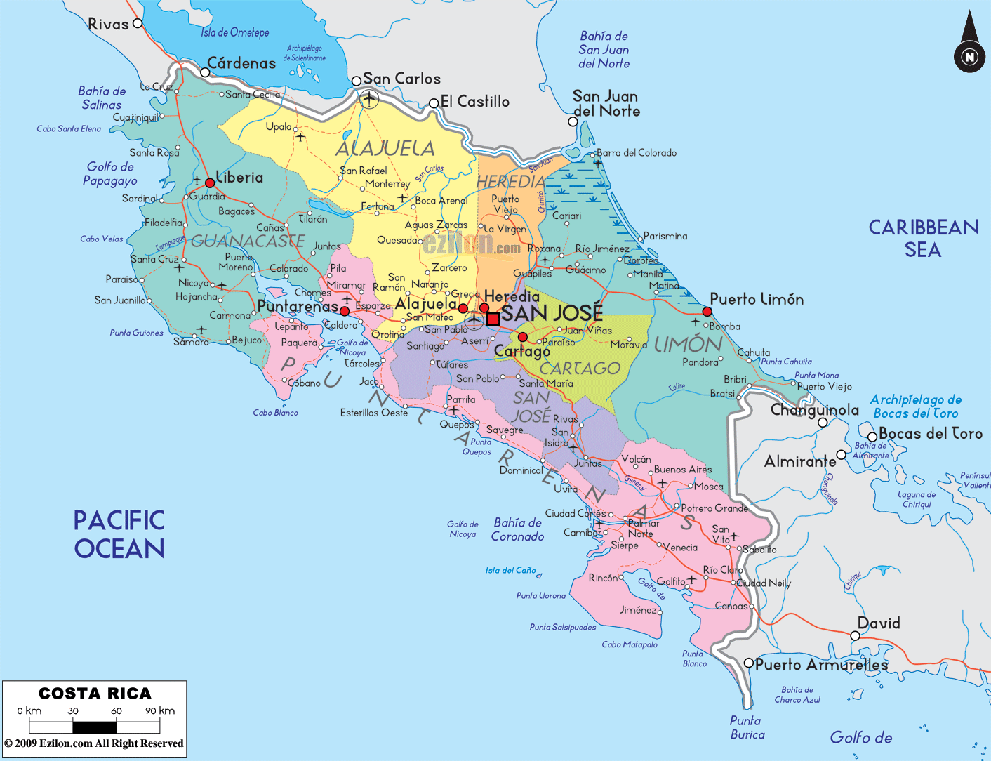 Bản đồ hành chính đất nước Costa Rica (Costa Rica Map) phóng to năm 2023