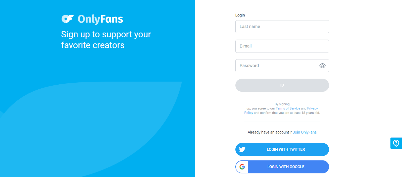 Giao diện đăng ký tài khoản Onlyfans