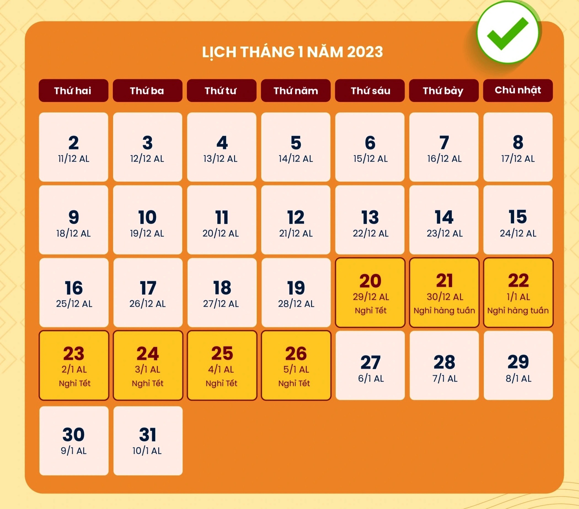 Lịch nghỉ Tết Nguyên đán 2023 chính thức 7 ngày đối với công chức, viên chức.