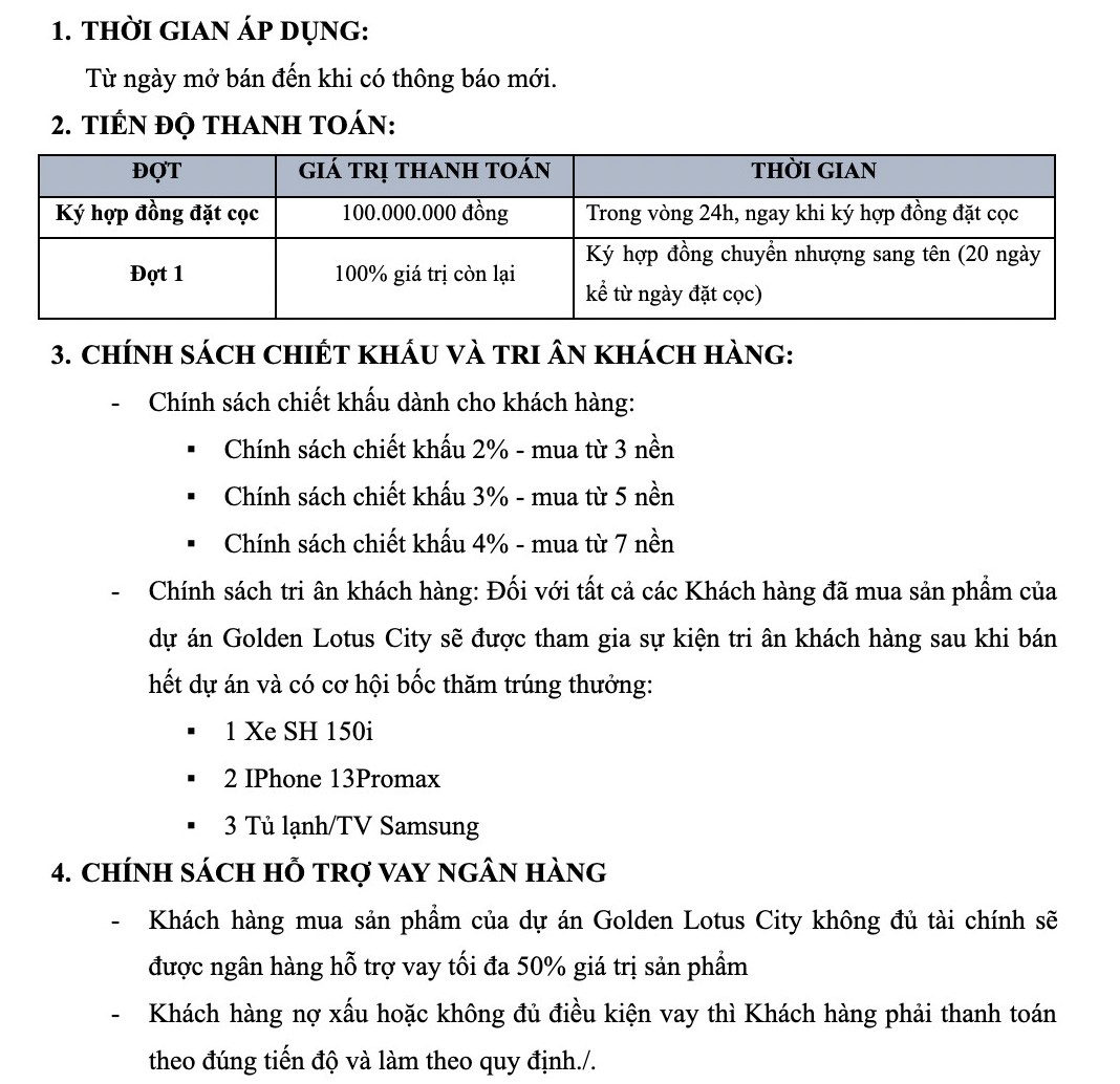 Chính sách bán hàng dự án Golden Lotus City Bình Phước (5/2022)