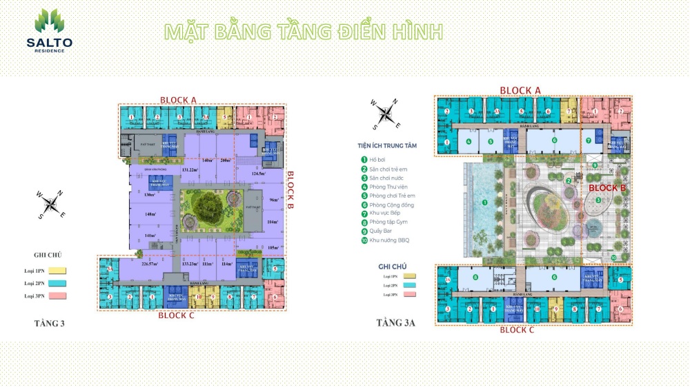 Mặt bằng tầng điền hình tầng 3 và 3A tại Salto Residence