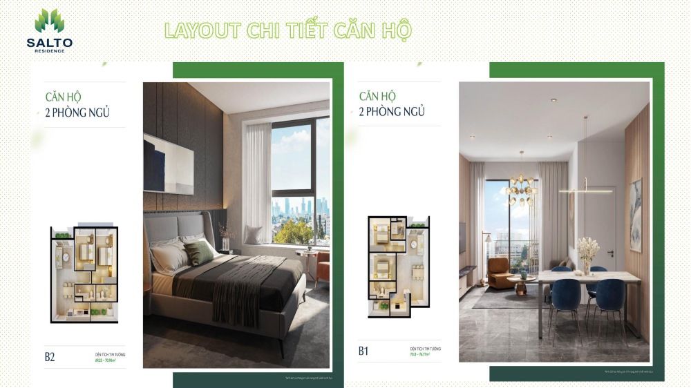 Layout chi tiết căn hộ 2 phòng ngủ tại Salto Residence