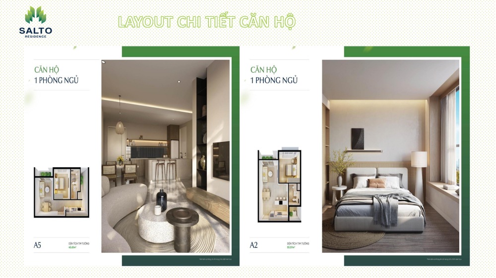 Layout chi tiết căn hộ 1 phòng ngủ tại Salto Residence