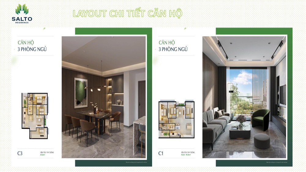 Layout chi tiết căn hộ 3 phòng ngủ tại Salto Residence
