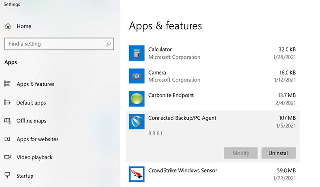 Gỡ cài đặt trong Apps & features