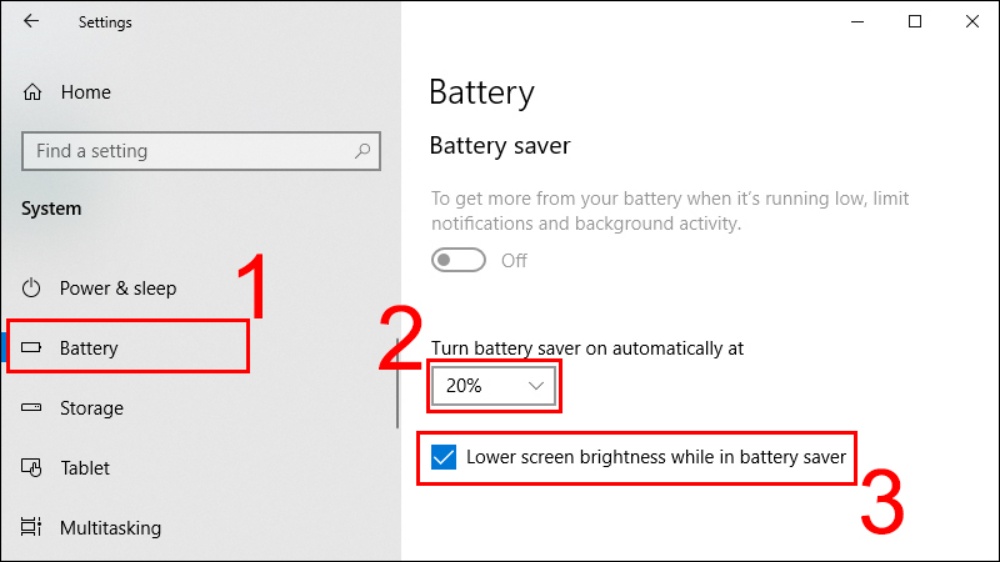 Chọn Battery sau đó chọn mức phần trăm pin bạn muốn tính năng tự bật ở Turn battery saver on automatically at và chọn Lower screen brightness while in battery saver