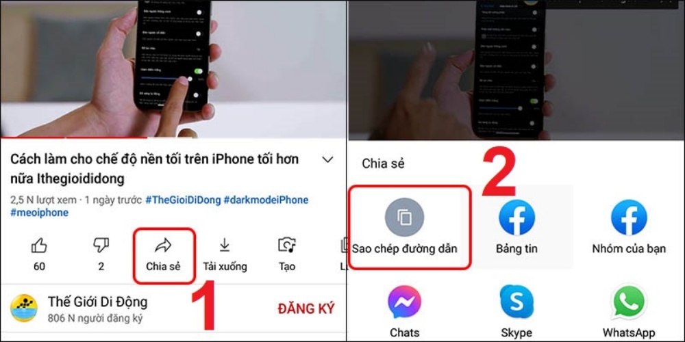 Vào ứng dụng YouTube, hãy chọn “Chia sẻ” sau đó chọn tiếp “Sao chép đường dẫn”.