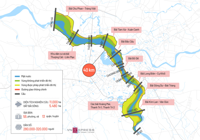 Bản đồ chi tiết vị trí các bãi sông Hồng trong khu vực quy hoạch.